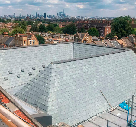 Elm Court School, Brixton. Pitched roofing refurbishment – natural slating.